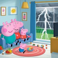 "Peppa Pig and George watching the thunderstorm from inside their house – Episode 32 with English subtitles"