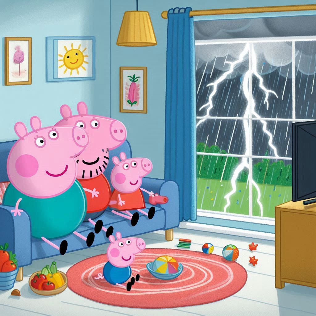 "Peppa Pig and George watching the thunderstorm from inside their house – Episode 32 with English subtitles"