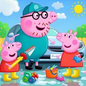 Cleaning The Car, Peppa and George helping Daddy Pig clean the car